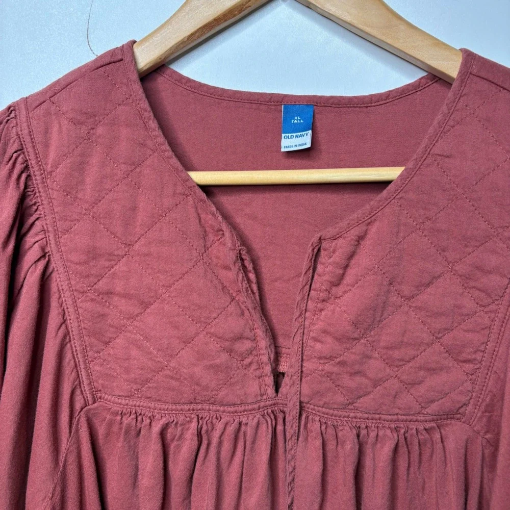 Old Navy Terracotta Red Quilted Yoke Peasant Puff Sleeve Blouse XL Tall